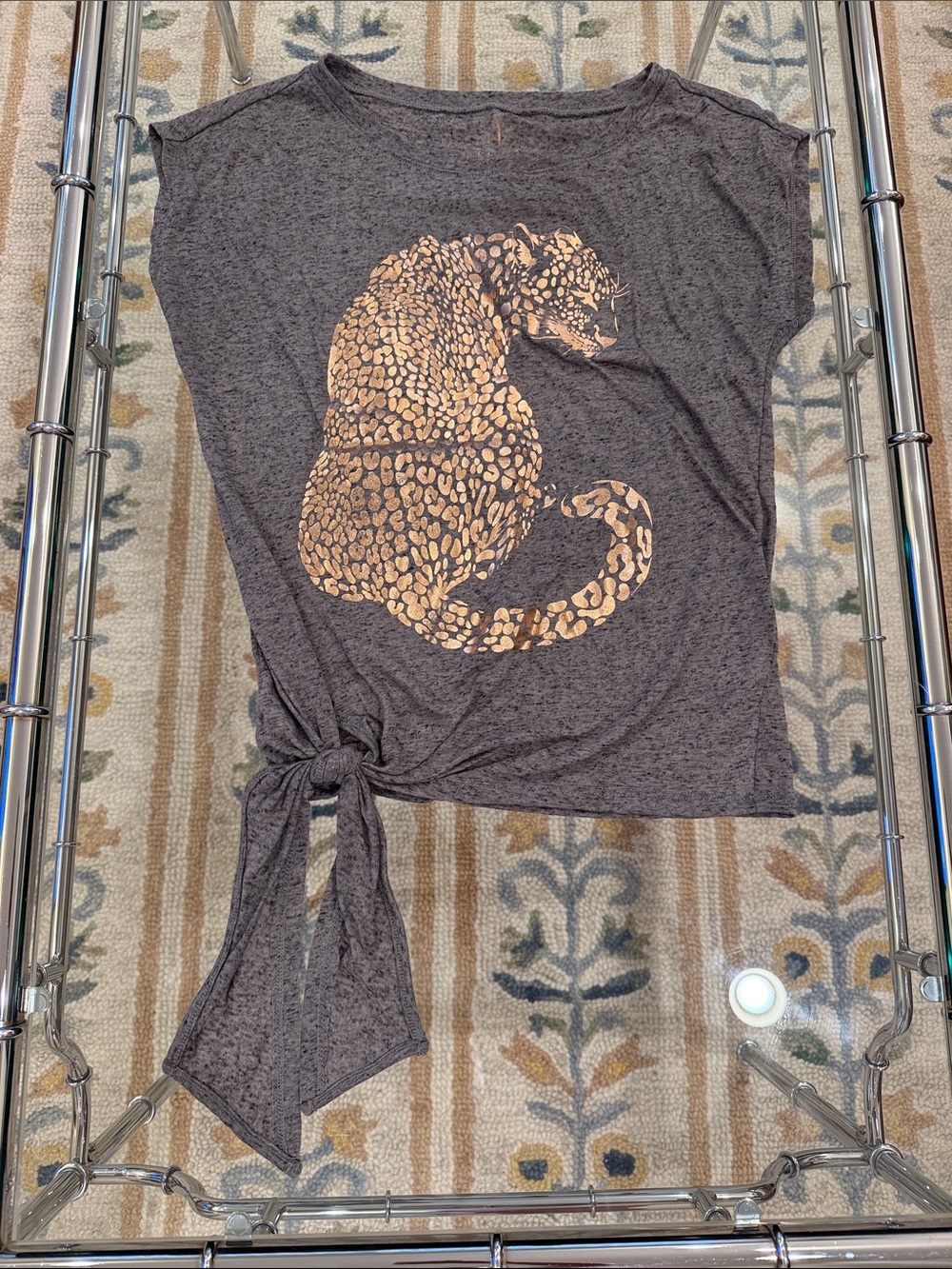 Juicy Couture Charcoal Gray Tie-Hem Leopard Graphic Top